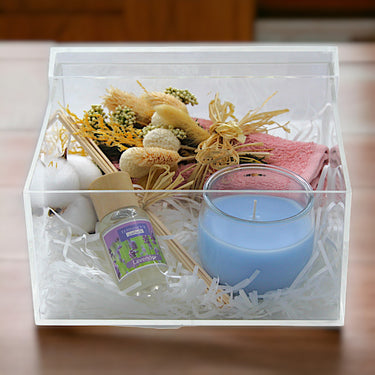 Ambiance Essentials Set, Diffuser Set, Scented Candle, Face Towel, Dried Flowers, Acrylic Box